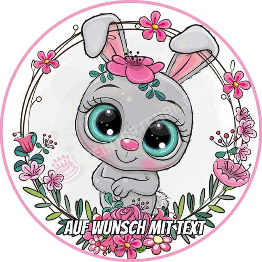 Motiv: Häschen mit rosa Blumen von Deintortenbild – Tortenaufleger, Tortenfoto, Tortenbild, personalisiert & individuell bei Deintortenbild.de