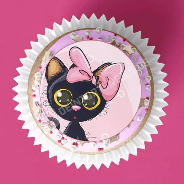 Muffinaufleger Motiv: Schwarze Katze mit rosa Schleifchen - Deintortenbild.de Tortenaufleger aus Esspapier: Oblatenpapier / 15x5cm, Oblatenpapier / 24x4cm, Zuckerpapier / 15x5cm, Zuckerpapier / 24x4cm, Fondantpapier / 15x5cm, Fondantpapier / 24x4cm