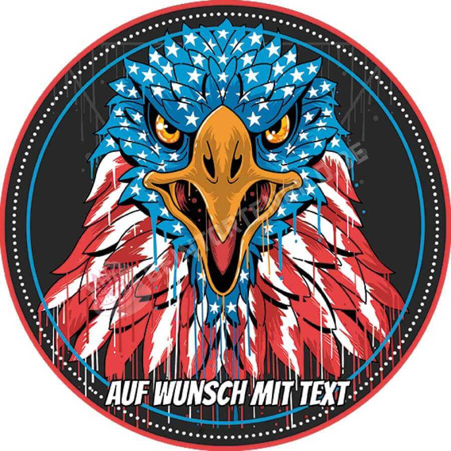 Motiv: Adler in USA Farben - Hochwertige und individuelle Tortenaufleger für jeden Anlass
Tortenaufleger Adler in USA Farben 20cm Kreis 
Ein Adlerkopf von vorne in den USA Farben
Unsere Tortenau - Tortenbild - DeintortenbildUSA Farben