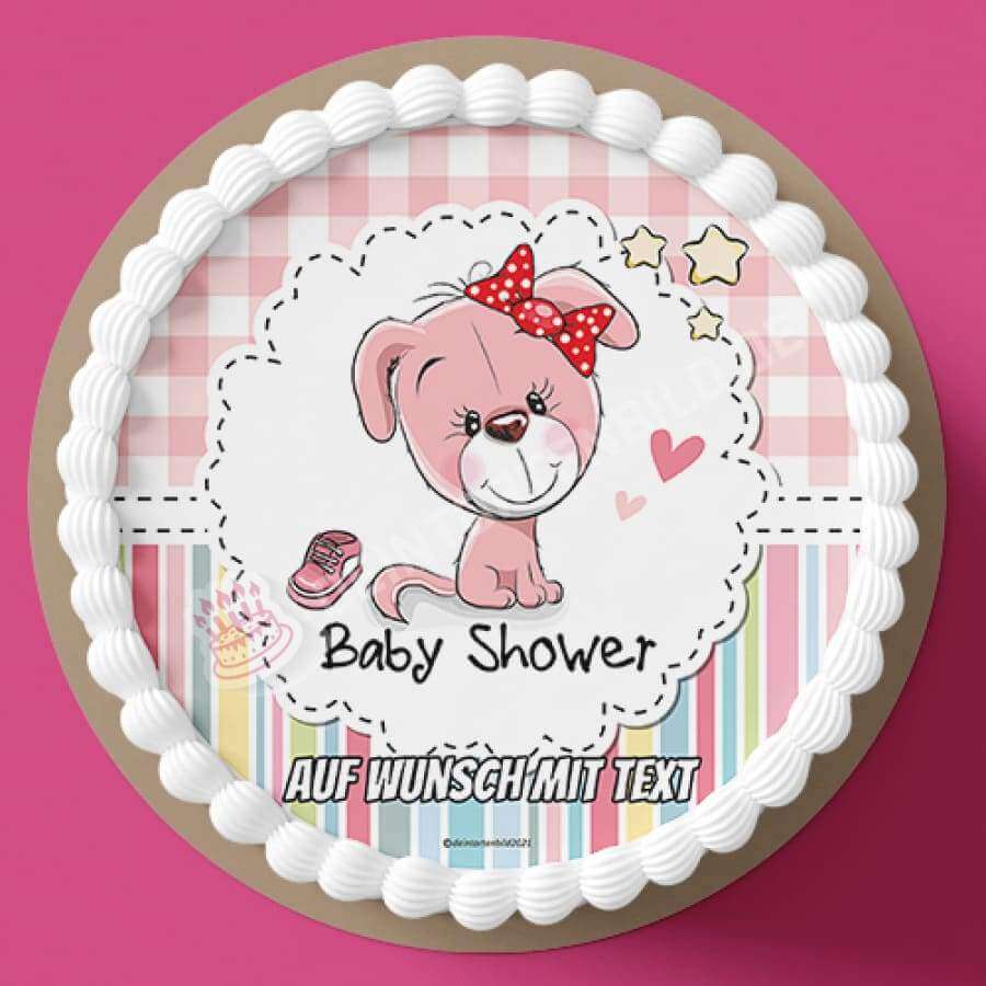 Motiv: Babyshower Hund rosa - Hochwertige und individuelle Tortenaufleger für jeden Anlass
Tortenaufleger Babyshower Hund rosa 20cm Kreis 
Dieser Tortenaufleger mit einem rosanen Hund, der eine r - Tortenbild - DeintortenbildBabyshower Hund rosa