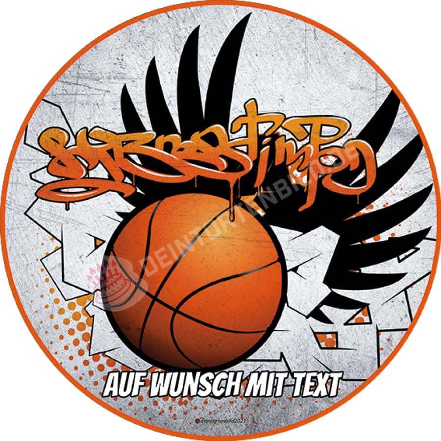 Motiv: Basketball Graffiti - Hochwertige und individuelle Tortenaufleger für jeden Anlass
Tortenaufleger Basketball Graffiti in 20cm Kreis 
Dieser Tortenaufleger mit einem Basketball und orangen - Tortenbild - DeintortenbildBasketball Graffiti