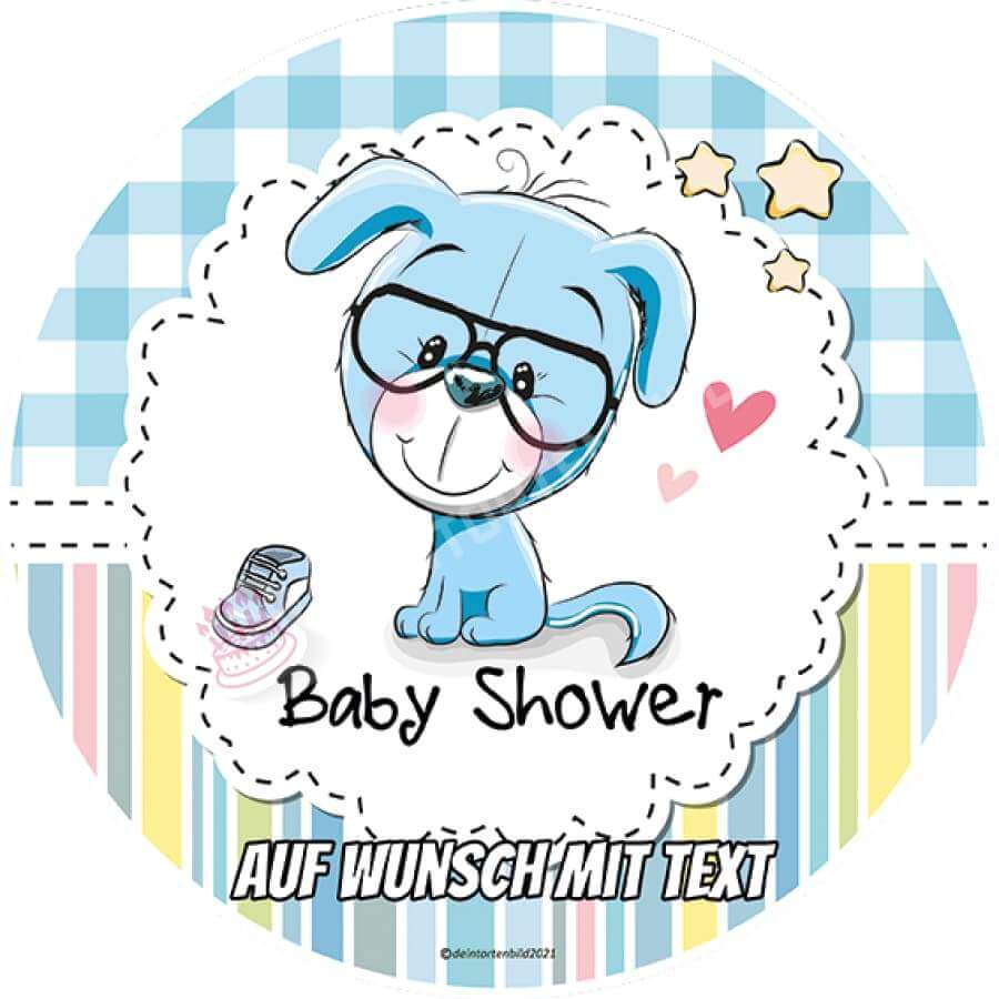 Motiv: Babyshower Hund Blau - Hochwertige und individuelle Tortenaufleger für jeden Anlass
Tortenaufleger Babyshower Hund Blau 20cm Kreis 
Dieser Tortenaufleger mit einem blauen Hund mit Brille u - Tortenbild - DeintortenbildBabyshower Hund Blau