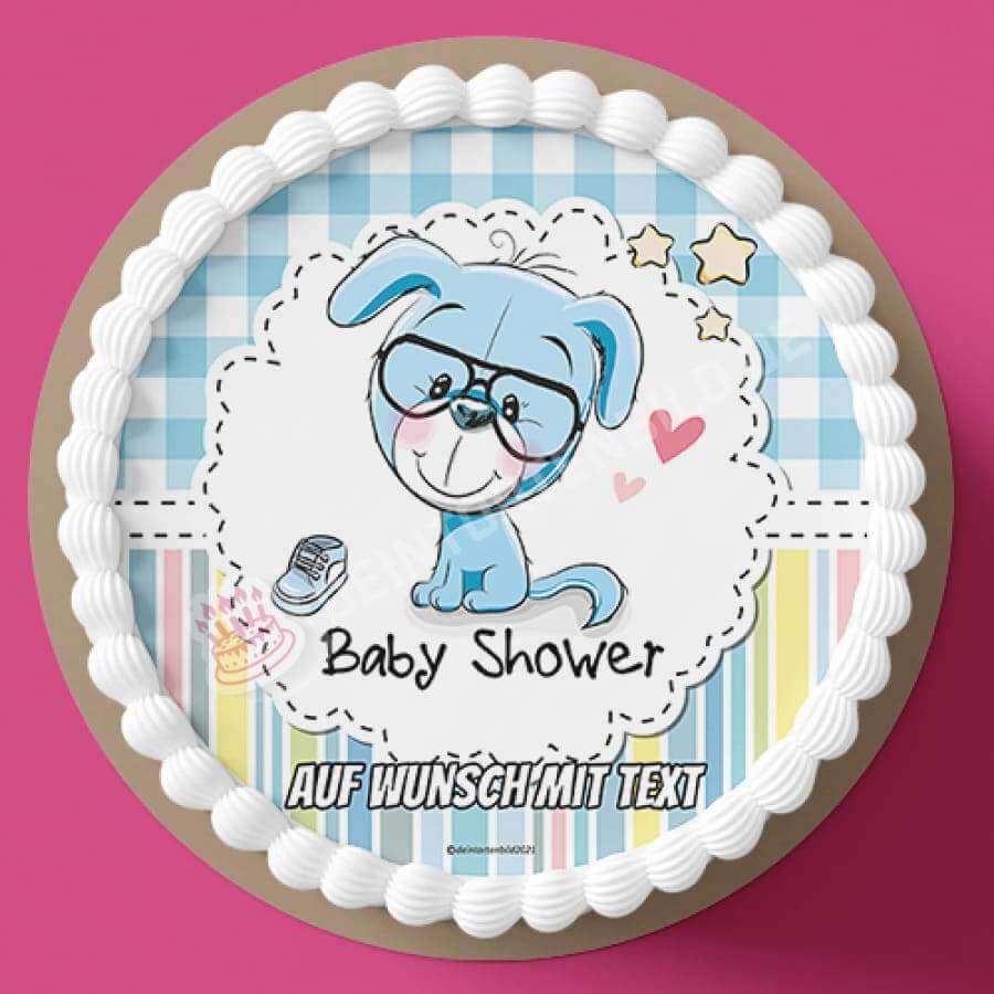 Motiv: Babyshower Hund Blau - Hochwertige und individuelle Tortenaufleger für jeden Anlass
Tortenaufleger Babyshower Hund Blau 20cm Kreis 
Dieser Tortenaufleger mit einem blauen Hund mit Brille u - Tortenbild - DeintortenbildBabyshower Hund Blau