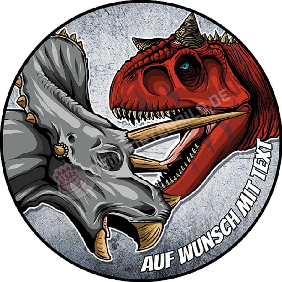 Motiv: Dino Kampf - Hochwertige und individuelle Tortenaufleger für jeden Anlass
Tortenaufleger Dino Kampf in 20cm Kreis 
Dieser Tortenaufleger mit einem kämpfenden Carnotauren und Tric - Tortenbild - DeintortenbildDino Kampf