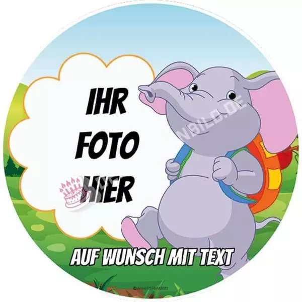 Fotomotiv: Einschulung - Elefant - Hochwertige und individuelle Tortenaufleger für jeden Anlass
Tortenaufleger Fotomotiv Einschulung - Elefant 20cm Kreis 
Unser Tortenaufleger mit dem Motiv "Einschulu - Tortenbild - DeintortenbildEinschulung - Elefant