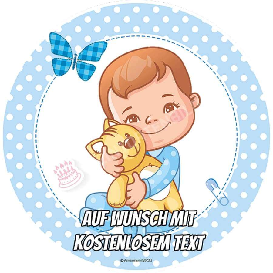 Motiv: Babyparty - Junge mit Stofftier - Hochwertige und individuelle Tortenaufleger für jeden Anlass
Tortenaufleger Babyparty - Junge mit Stofftier in 20cm Kreis 
Dieser Tortenaufleger mit einem hellblauen - Tortenbild - DeintortenbildBabyparty - Junge mit Stofftier