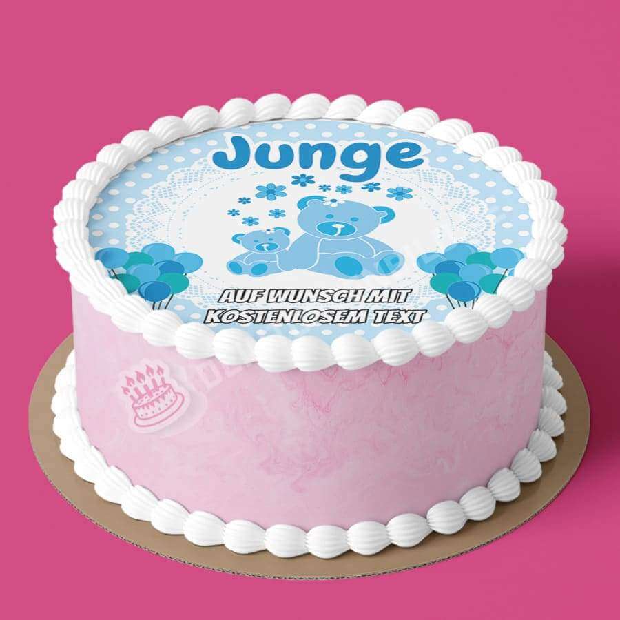 Motiv: Babyparty - Junge - Hochwertige und individuelle Tortenaufleger für jeden Anlass
Tortenaufleger Babyparty - Junge in 20cm Kreis 
Dieser Tortenaufleger mit einem hellblauen Rahmen, zwei  - Tortenbild - DeintortenbildBabyparty - Junge