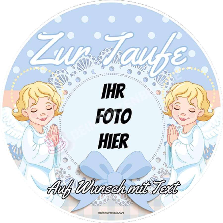 Fotomotiv: Taufe - Blau mit zwei Engel - Hochwertige und individuelle Tortenaufleger für jeden Anlass
Tortenaufleger Fotomotiv Taufe - Blau mit zwei Engel 20cm Kreis 
Unser Tortenaufleger mit dem Motiv von  - Tortenbild - DeintortenbildTaufe - Blau mit zwei Engel