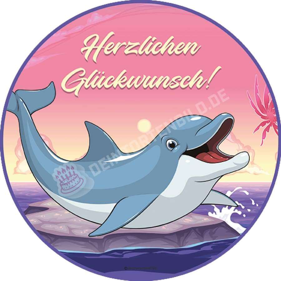 Motiv: Fröhlicher Delfin - Deintortenbild.de Tortenaufleger aus Esspapier: Oblatenpapier / Herzlichen Glückwunsch!, Oblatenpapier / Alles Gute!, Oblatenpapier / Happy Birthday, Zuckerpapier / Herzlichen Glückwunsch!, Zuckerpapier / Alles Gute!, Zuckerpapier / Happy Birthday, Fondantpapier / Herzlichen Glückwunsch!, Fondantpapier / Alles Gute!, Fondantpapier / Happy Birthday