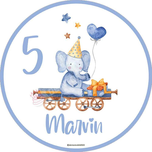 Motiv: Geburtstags Elefant - Name und Zahl anpassbar - Deintortenbild.de Tortenaufleger aus Esspapier: Oblatenpapier, Zuckerpapier, Fondantpapier