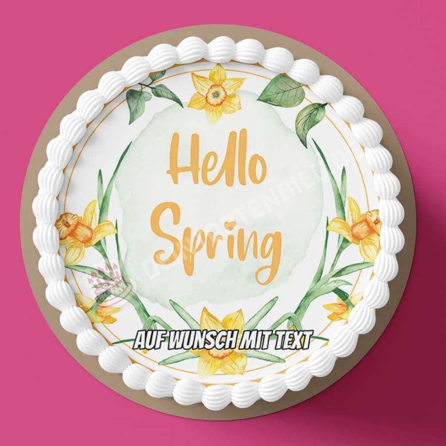 Motiv: Hello Spring - Frühlingsbeginn Narzissen - Deintortenbild.de Tortenaufleger aus Esspapier: Oblatenpapier, Zuckerpapier, Fondantpapier