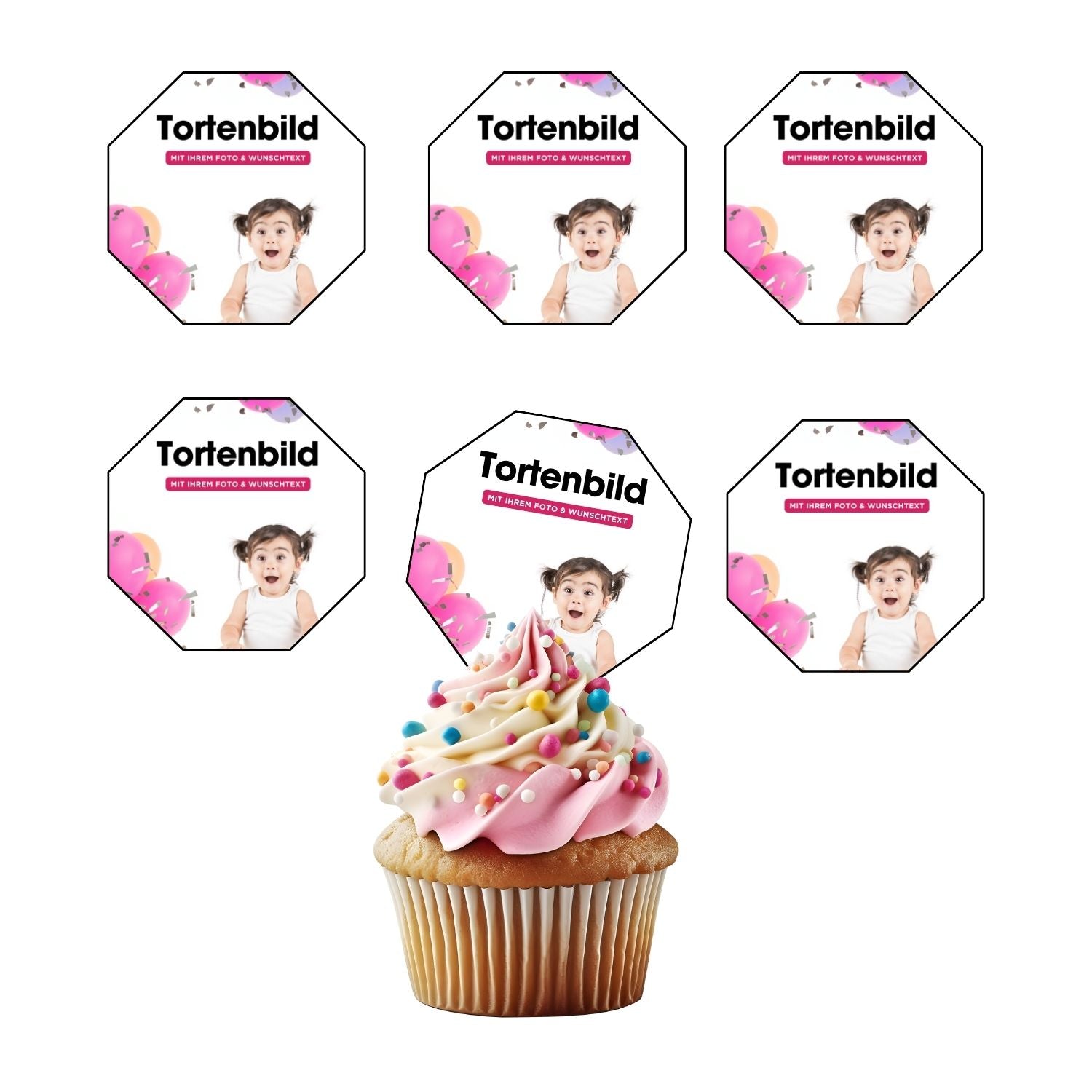 Muffinaufleger Achteckig - Hochwertige und individuelle Muffinaufleger
Muffinaufleger für jeden Anlass
Unsere Muffinaufleger sind ein ideales Geschenk für besondere Menschen und ein Highlight  - Online-Designer - DeintortenbildMuffinaufleger Achteckig