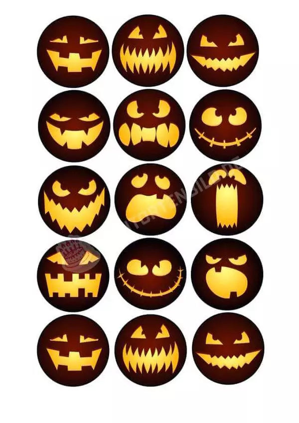 Muffinaufleger Motiv: Halloween - Kürbisgesichter - Deintortenbild.de Tortenaufleger aus Esspapier: Oblatenpapier / 15 Stück x 5cm, Oblatenpapier / 24 Stück x 4cm, Zuckerpapier / 15 Stück x 5cm, Zuckerpapier / 24 Stück x 4cm, Fondantpapier / 15 Stück x 5cm, Fondantpapier / 24 Stück x 4cm