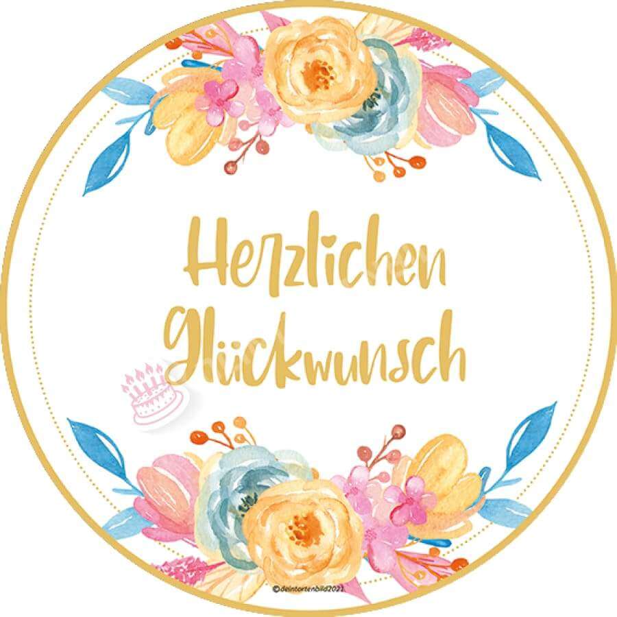 Motiv: Elegante Bunte Blumen Mit Spruch Zum Auswählen Oblatenpapier / Herzlichen Glückwunsch Yellow