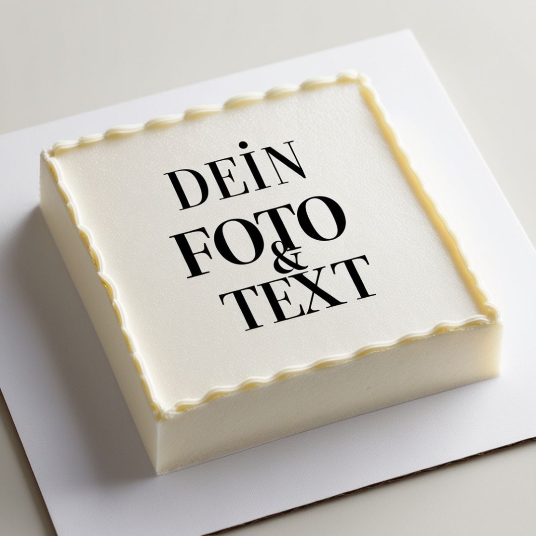 Quadratischer weißer Kuchen mit DEIN FOTO & TEXT auf essbarem Tortenaufleger