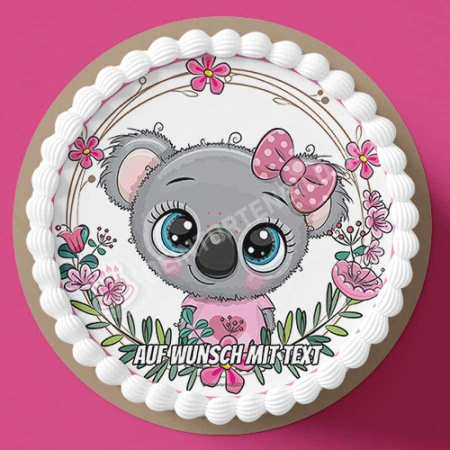 Motiv: Koala in Rosa mit Schleife - Hochwertige und individuelle Tortenaufleger für jeden Anlass
Tortenaufleger Koala in Rosa mit Schleife in 20cm Kreis 
Unsere Tortenaufleger sind ein ideales Geschenk - Tortenbild - DeintortenbildRosa mit Schleife