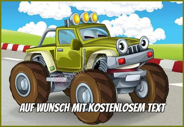 Rechteck Motiv: Grüner Cartoon Monstertruck - Deintortenbild.de Tortenaufleger aus Esspapier: Oblatenpapier, Zuckerpapier, Fondantpapier