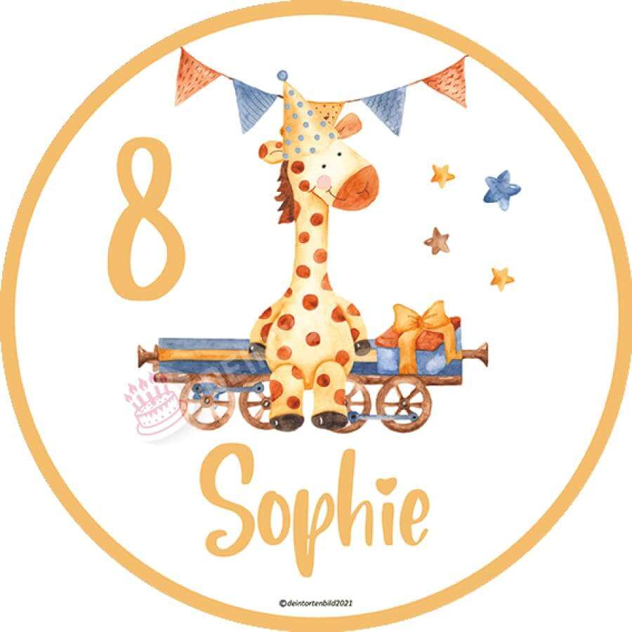 Motiv: Geburtstags Giraffe - Name und Zahl anpassbar - Deintortenbild.de Tortenaufleger aus Esspapier: Oblatenpapier, Zuckerpapier, Fondantpapier