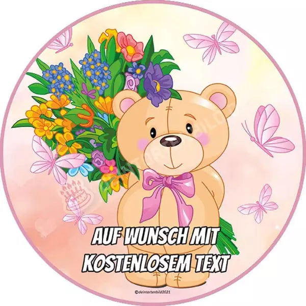 Motiv: Teddy mit Blumen - Hochwertige und individuelle Tortenaufleger für jeden Anlass
Tortenaufleger Teddy mit Blumen 20cm Kreis 
Unsere Tortenaufleger sind ein ideales Geschenk für besonder - Tortenbild - DeintortenbildTeddy mit Blumen