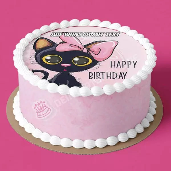 Motiv: Schwarze Katze mit rosa Schleifchen - Deintortenbild.de Tortenaufleger aus Esspapier: Oblatenpapier / Mit "Happy Birthday" Schriftzug, Oblatenpapier / Ohne "Happy Birthday Schriftzug, Zuckerpapier / Mit "Happy Birthday" Schriftzug, Zuckerpapier / Ohne "Happy Birthday Schriftzug, Fondantpapier / Mit "Happy Birthday" Schriftzug, Fondantpapier / Ohne "Happy Birthday Schriftzug