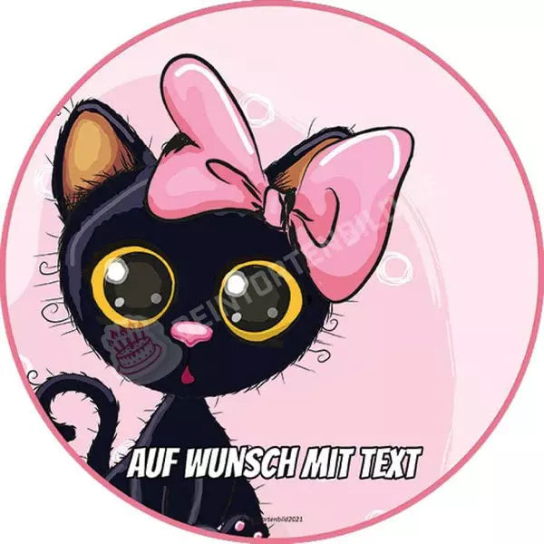 Motiv: Schwarze Katze mit rosa Schleifchen - Deintortenbild.de Tortenaufleger aus Esspapier: Oblatenpapier / Mit "Happy Birthday" Schriftzug, Oblatenpapier / Ohne "Happy Birthday Schriftzug, Zuckerpapier / Mit "Happy Birthday" Schriftzug, Zuckerpapier / Ohne "Happy Birthday Schriftzug, Fondantpapier / Mit "Happy Birthday" Schriftzug, Fondantpapier / Ohne "Happy Birthday Schriftzug