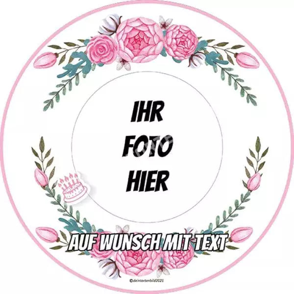 Fotomotiv: Hochzeit - Blumenrahmen - Hochwertige und individuelle Tortenaufleger für jeden Anlass
Tortenaufleger Fotomotiv Hochzeit - Blumenrahmen 20cm Kreis 
Unser Tortenaufleger mit einem eleganten Bl - Tortenbild - DeintortenbildHochzeit - Blumenrahmen