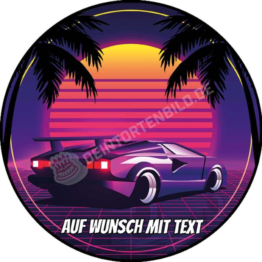 Motiv: Retrowave 80er Stil Auto (Version 2) von Deintortenbild – Tortenaufleger, Tortenfoto, Tortenbild, personalisiert & individuell bei Deintortenbild.de