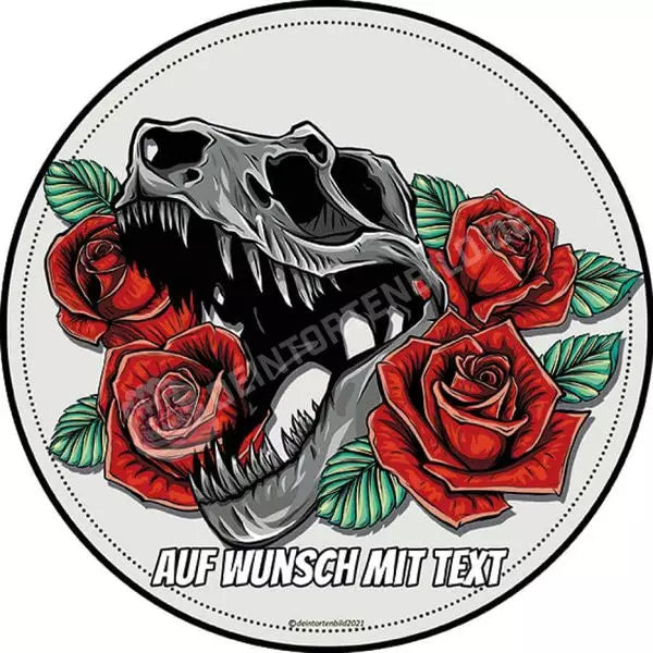 Motiv: T-Rex Schädel mit Rosen - Deintortenbild.de Tortenaufleger aus Esspapier: Oblatenpapier / Hell, Oblatenpapier / Dunkel, Zuckerpapier / Hell, Zuckerpapier / Dunkel, Fondantpapier / Hell, Fondantpapier / Dunkel