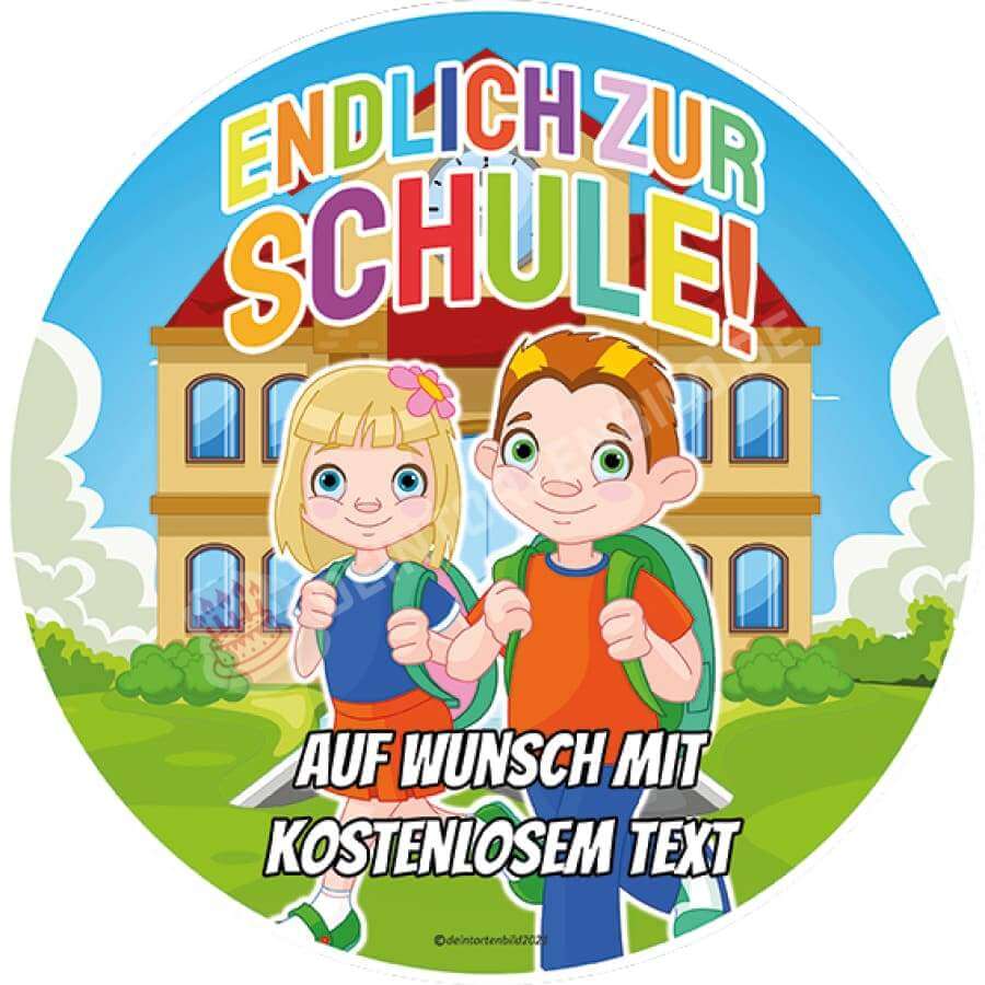 Motiv: "Endlich zur Schule" - Kinder vor Schule (Version2) von Deintortenbild – Tortenaufleger, Tortenfoto, Tortenbild, personalisiert & individuell bei Deintortenbild.de