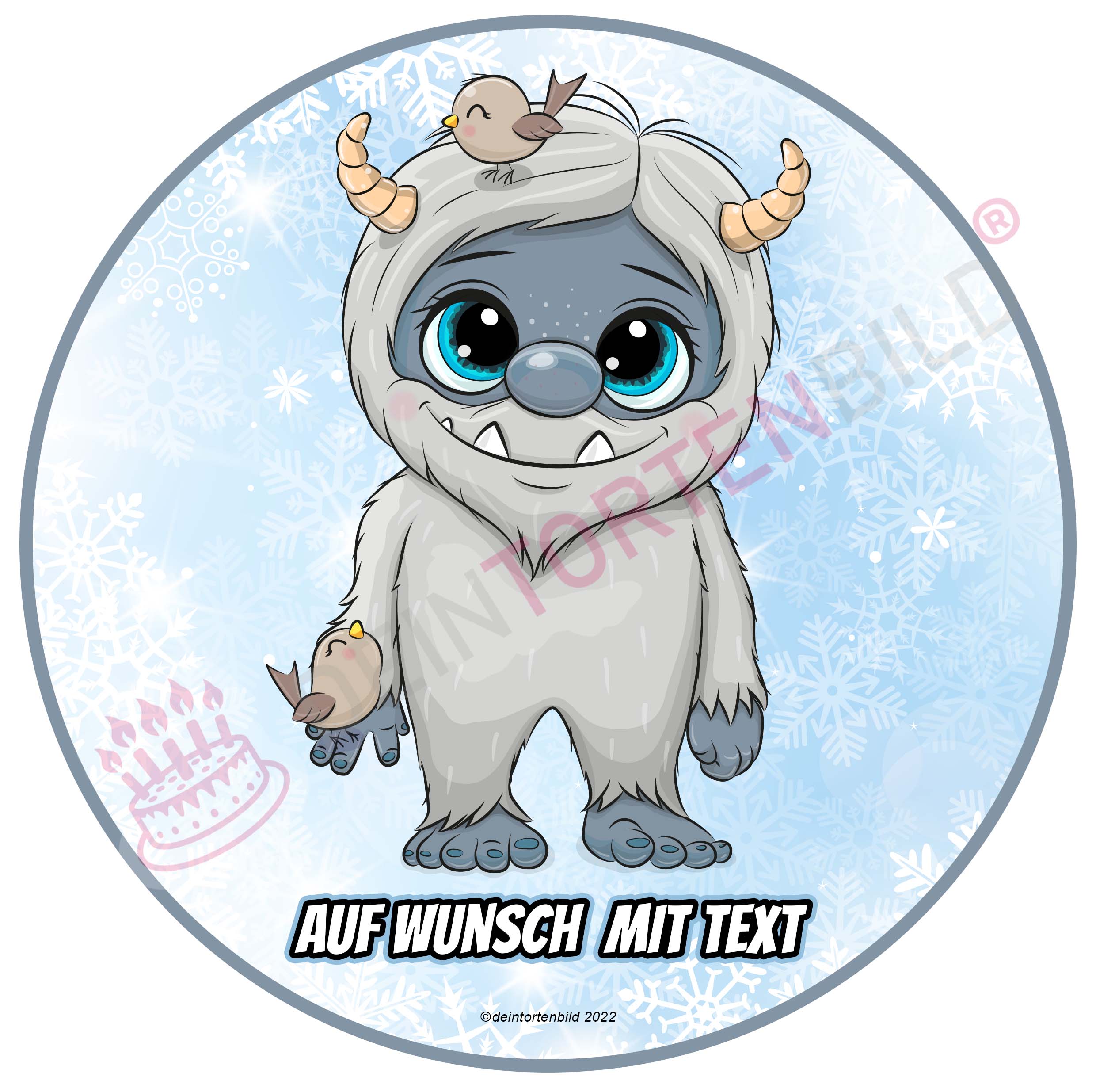 Winter/Weihnachten Yeti - Hochwertige und individuelle Tortenaufleger für jeden Anlass
Tortenaufleger Yeti - 20cm Kreis 
 
Unser Tortenaufleger mit dem süßen Yeti vor einem Schneeflocken Hint - Winter - DeintortenbildWinter/Weihnachten Yeti