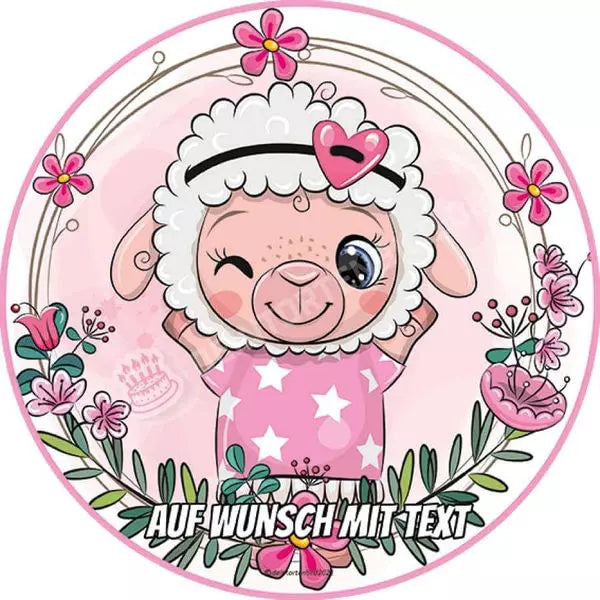 Motiv: Schaf in Rosa mit Blumen - Deintortenbild.de Tortenaufleger aus Esspapier: Oblatenpapier, Zuckerpapier, Fondantpapier