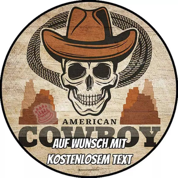 Motiv: Wilder Westen Logo Cowboy Schädel - Deintortenbild.de Tortenaufleger aus Esspapier: Oblatenpapier, Zuckerpapier, Fondantpapier
