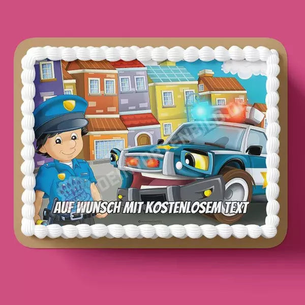 Rechteck Motiv: Cartoon Polizist mit Auto - Deintortenbild.de Tortenaufleger aus Esspapier: Oblatenpapier, Zuckerpapier, Fondantpapier