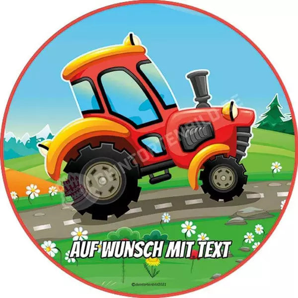 Motiv: Roter Traktor in idyllischer Landschaft - Deintortenbild.de Tortenaufleger aus Esspapier: Oblatenpapier, Zuckerpapier, Fondantpapier