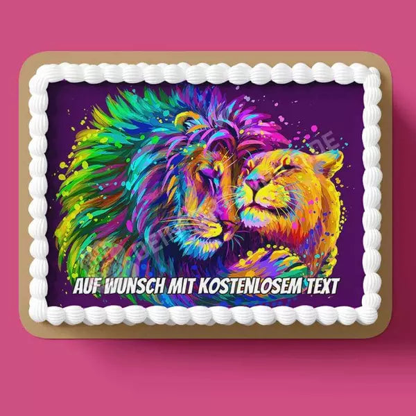 Rechteck Motiv: Löwen Paar Bunt - Deintortenbild.de Tortenaufleger aus Esspapier: Oblatenpapier, Zuckerpapier, Fondantpapier