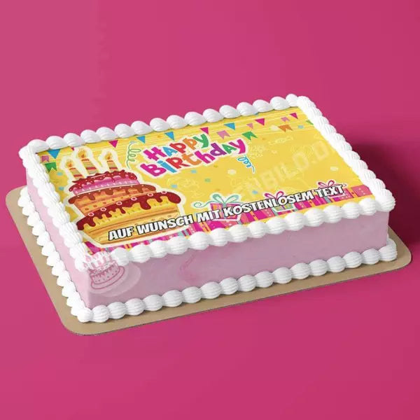 Rechteck Motiv: Geburtstag - Happy Birthday - Deintortenbild.de Tortenaufleger aus Esspapier: Oblatenpapuer, Zuckerpapier, Fondantpapier