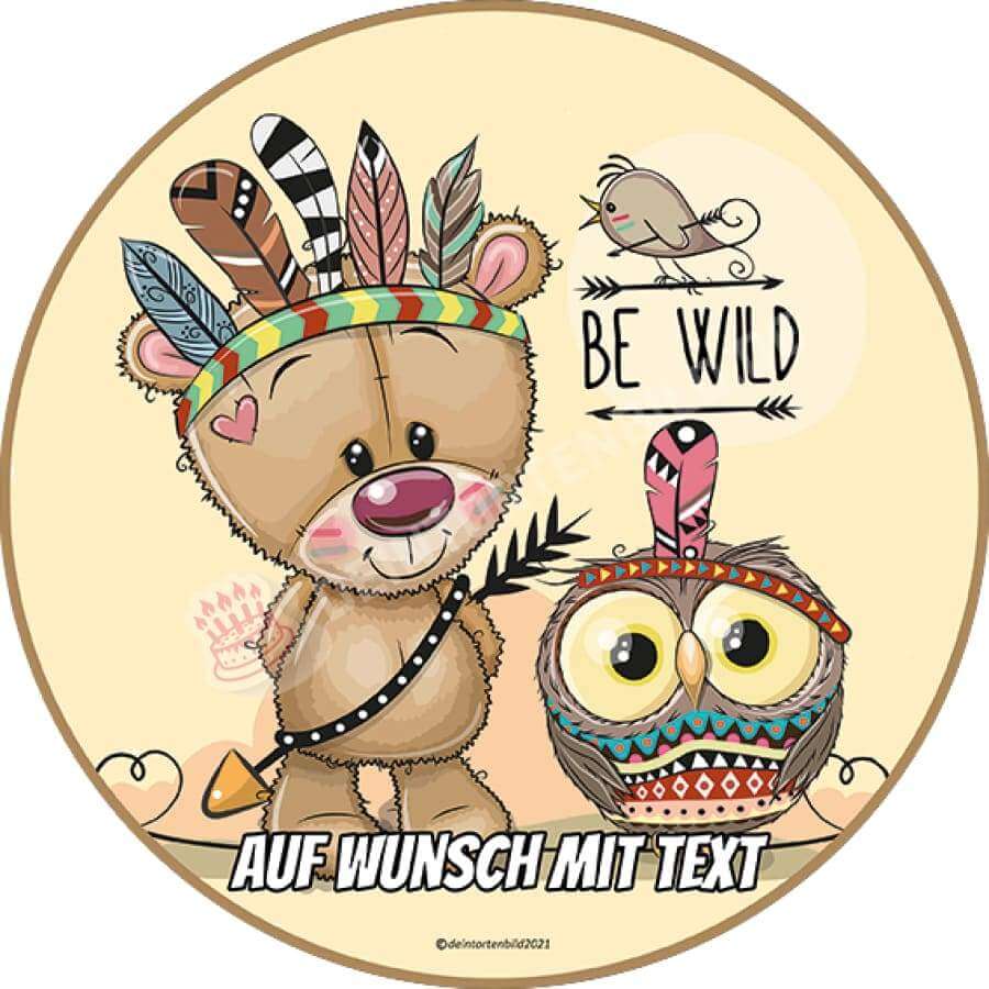 Motiv: "Be Wild" Bär und Eule - Deintortenbild.de Tortenaufleger aus Esspapier: Oblatenpapier, Zuckerpapier, Fondantpapier