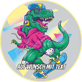 Motiv: Dino auf Skateboard 90er Stil - Deintortenbild.de Tortenaufleger aus Esspapier: Oblatenpapier, Zuckerpapier, Fondantpapier