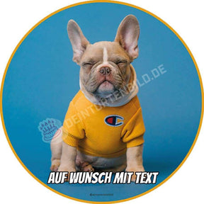 Motiv: Franz. Bulldogge im gelben Outfit - Deintortenbild.de Tortenaufleger aus Esspapier: Oblatenpapier, Zuckerpapier, Fondantpapier