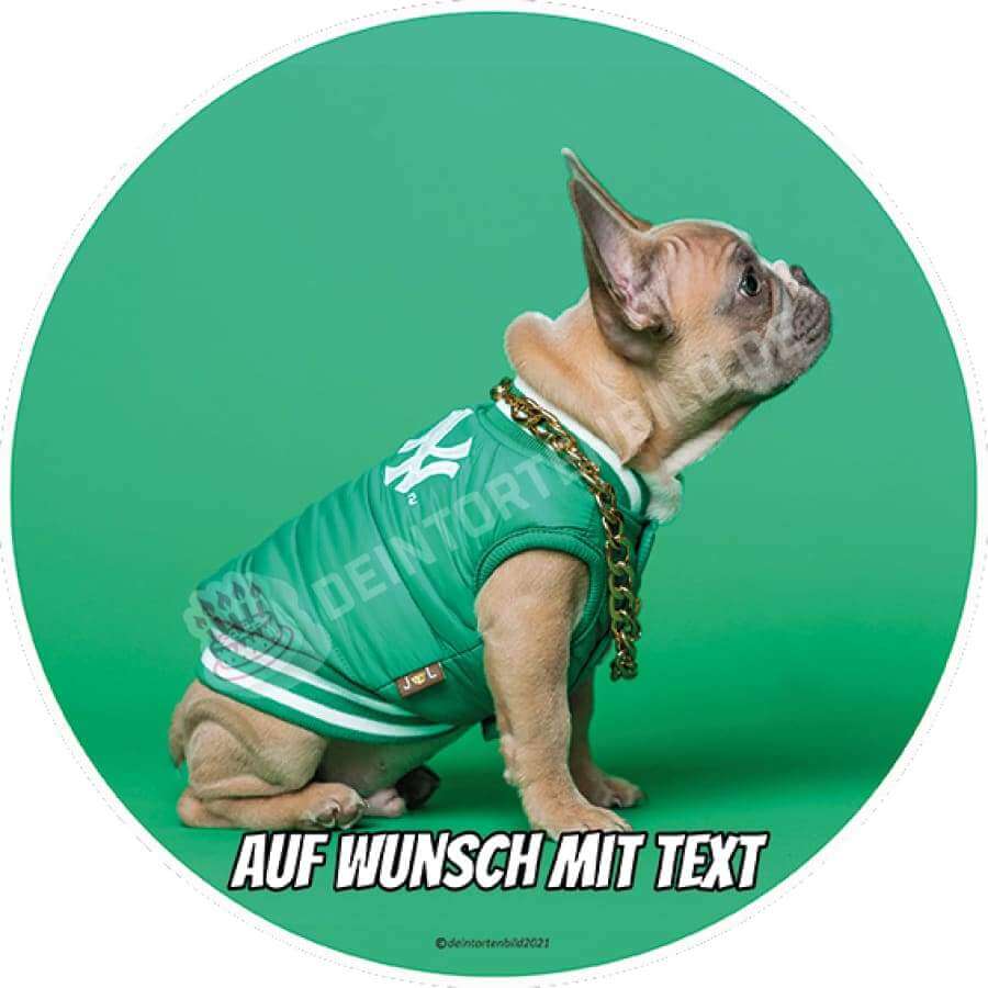 Motiv: Franz. Bulldogge im grünen Outfit - Deintortenbild.de Tortenaufleger aus Esspapier: Oblatenpapier, Zuckerpapier, Fondantpapier