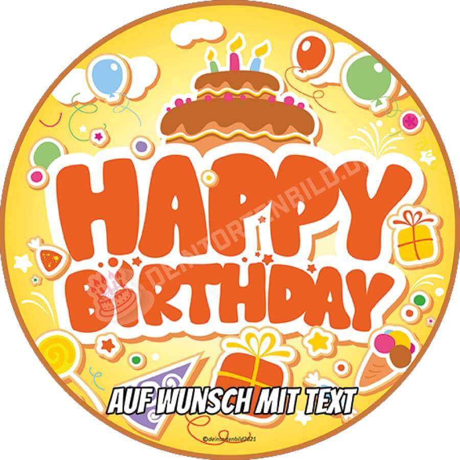 Motiv: Geburtstag - Happy Birthday Gelb - Deintortenbild.de Tortenaufleger aus Esspapier: Oblatenpapier, Zuckerpapier, Fondantpapier