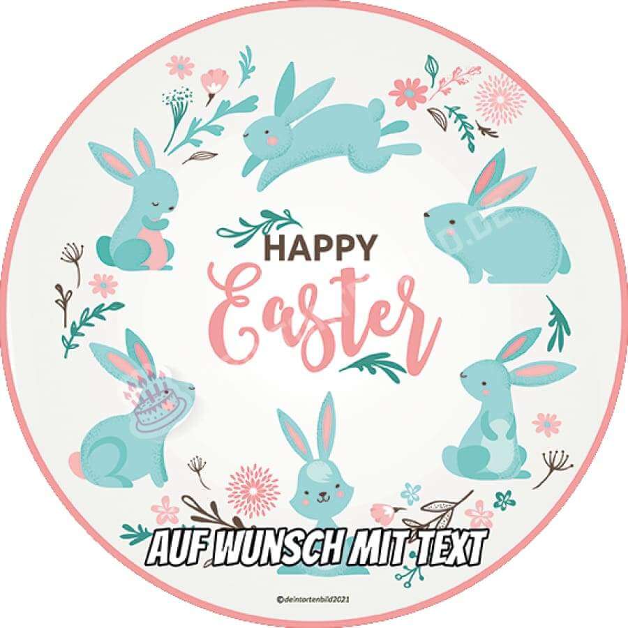 Motiv: Happy Easter - Blaue Hasen im Kreis - Deintortenbild.de Tortenaufleger aus Esspapier: Oblatenpapier, Zuckerpapier, Fondantpapier