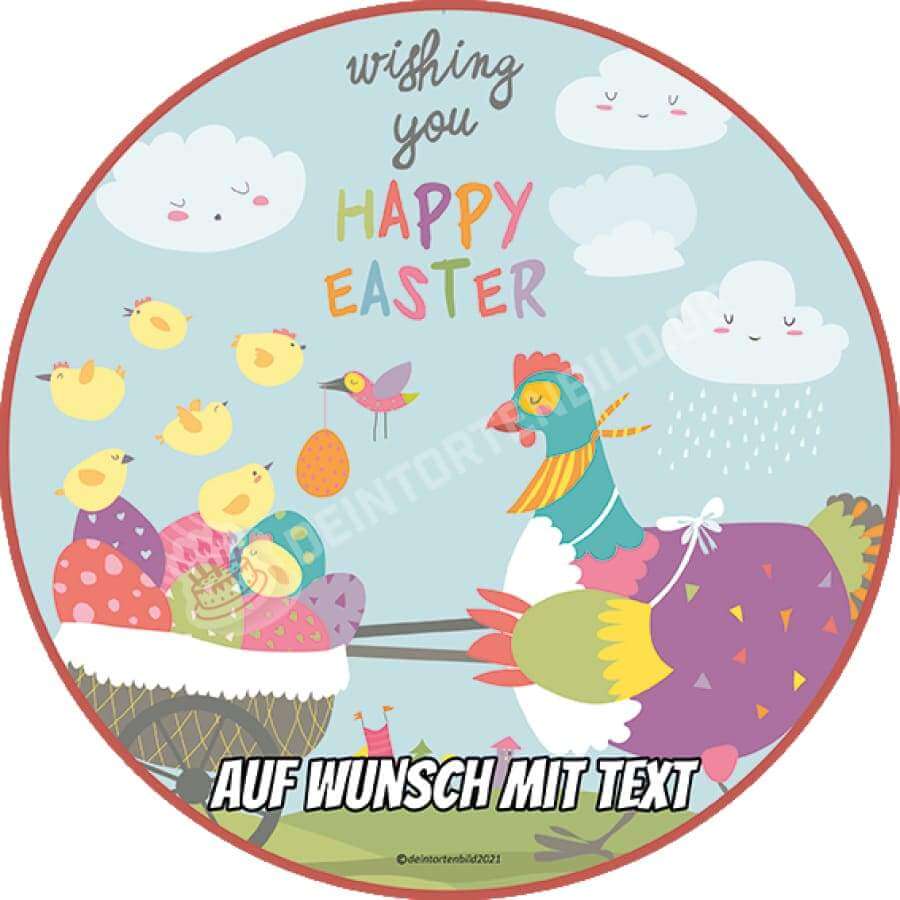 Motiv: Happy Easter - Huhn liefern Ostereier - Deintortenbild.de Tortenaufleger aus Esspapier: Oblatenpapier, Zuckerpapier, Fondantpapier