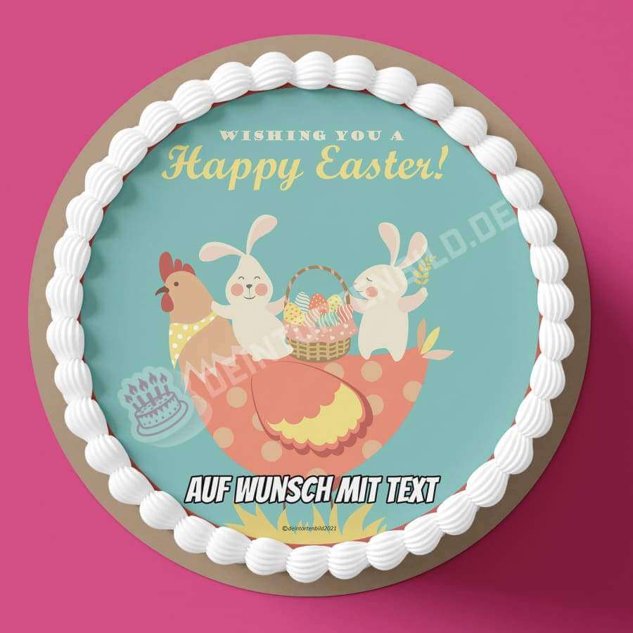 Motiv: Happy Easter - Osterhasen auf Huhn - Deintortenbild.de Tortenaufleger aus Esspapier: Oblatenpapier, Zuckerpapier, Fondantpapier