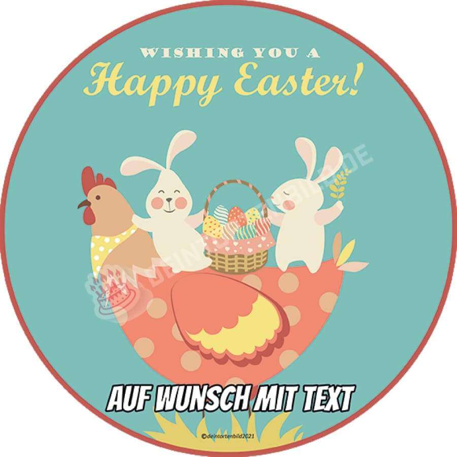 Motiv: Happy Easter - Osterhasen auf Huhn - Deintortenbild.de Tortenaufleger aus Esspapier: Oblatenpapier, Zuckerpapier, Fondantpapier