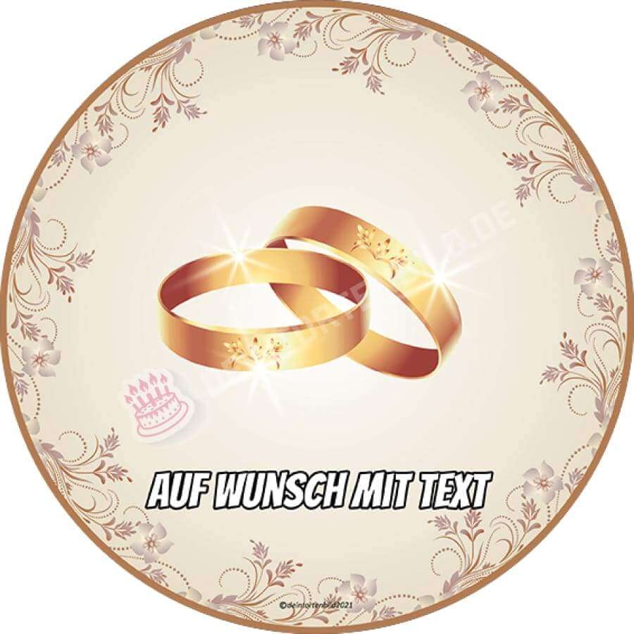 Motiv: Hochzeit - Goldene Eheringe mit Blumenmuster - Deintortenbild.de Tortenaufleger aus Esspapier: Oblatenpapier, Zuckerpapier, Fondantpapier