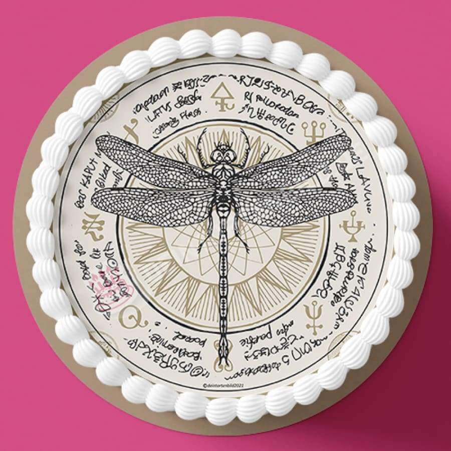 Motiv: Libelle mit magischen Symbolen - Deintortenbild.de Tortenaufleger aus Esspapier: Oblatenpapier, Zuckerpapier, Fondantpapier